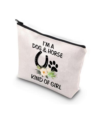 BDPWSS Dog Lover Gifts Horse Makeup Bags For Women Teen Girls I'm a Dog And Horse Kind Of Girl Paw Print Horseshoe Gift For Dog Mom Horse Lover Cowgirl Equestrian Gifts (Dog horse girl)
