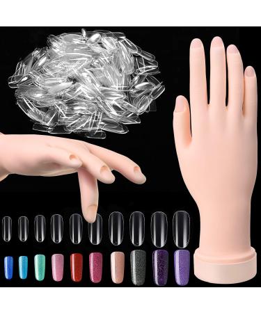 Nail Art Training Practice Hand Bendable Silicone Fake Hand and 500 Pieces White False Nails for Nail Art Training Display (Transparent Nails)
