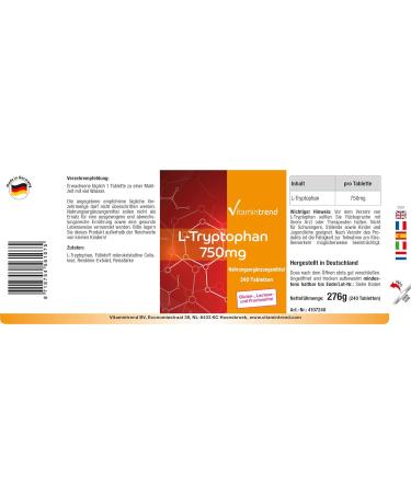  Vitamintrend L-Tryptophan 750mg - 240 tablets - vegan - high dosage | Vitamintrend  - Buy Online on GoSupps.com