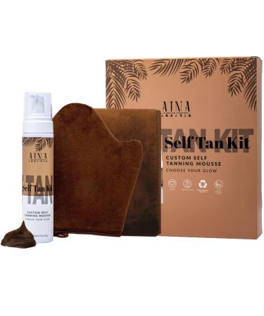 AINA Organic Vegan Dark Self-Tanner Mousse Kit - Dark Self Tanner Mousse with Back Applicator & Mitt - Oil-Free Sunless Self Tan Mousse for All Skin Types Nourishing Dark Self Tanning Kit - 220ml