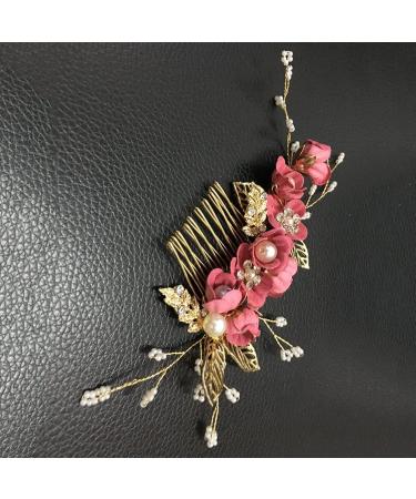 Minkissy Flower Hair Accessories Wedding Hair Comb Pearl Crystal Decor Clip Pin Rhinestone Flower Wedding Hair Accessories for Bride Bridesmaid (Rosy) Bridal Hair Clip - Buy Online on GoSupps.com