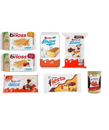 Italian Gourmet E.R. Ferrero Children's Test Kit Brioss Delice Fiesta Albicocca Ciligia Cacao and Latte - Pack of 6 x 10 snack packs 280g + Italian Gourmet Polpa 400g
