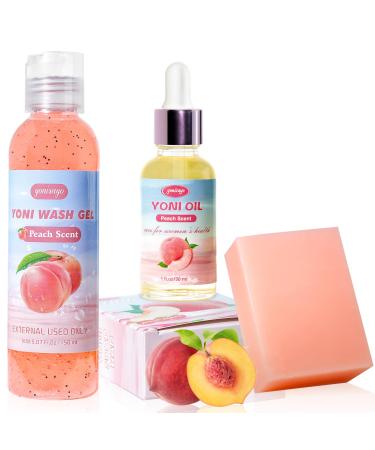 3 PCS Feminine Wash Yoni Oil Yoni Bar Soap Set Natural Yoni Wash for Women Vagina Ph Balance Intimate Deodorant Remove Odor Moisturizing Body Wash Peach Scent