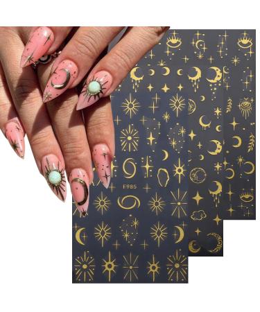 8 Sheets Gold Star Nail Stickers | Metallic 3D Self-Adhesive Nail Art Decals for Women - Sun Moon & Planet Designs - Buy Online on GoSupps.com