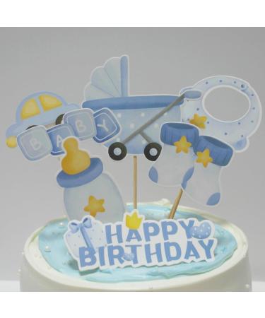GORWERY 7pcs Happy Birthday Cake Toppers Blue Baby Shower Cupcake Picks Appetizers Cake Dessert Decorations for Baby One Month Hundred Days Boy 1st Birthday Party - Buy Online on GoSupps.com