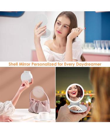 Shell Pocket Mirror with Lighted Selfie Ring 1x/2x Magnification, Dimmable LED Lights - Rechargeable Compact Handheld Mirror for Handbag - Perfect Gift for Sisters and Kids - White - Buy Online on GoSupps.com