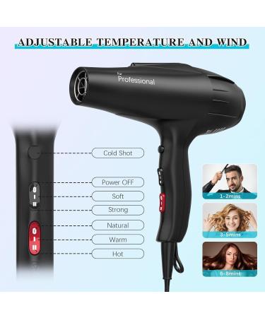 JIAABCHOMO Professional 2500W Ionic Hair Dryer with Diffuser, Brush, and Nozzle - Fast Drying, 2 Speeds, 3 Heat Settings, Cool Button - Hairdryer for Women - Buy Online on GoSupps.com