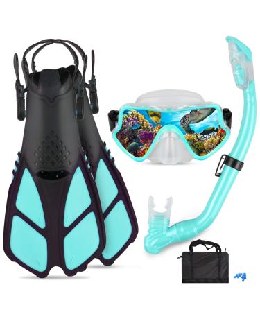 AosDero Kids Snorkeling Set Adjustable Swimming Kids Flippers+Panoramic Snorkel Mask+ Dry Snorkel Tube+ Travel Bags Suitable Snorkeling Gear for Kids,Juniors,Age 5-14 Tiffany Blue