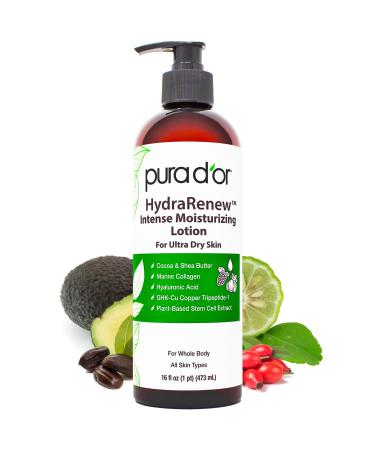 PURA D'OR HydraRenew Intense Moisturizing Lotion for Ultra Dry Skin Hand & Body Cream with Cocoa & Shea Butters Hyaluronic Acid GHK-Cu Copper Tripeptide-1 Marine Collagen Plant Stem Cells 16 oz