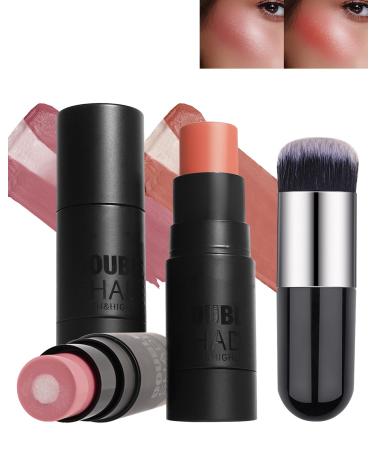 Sandwich Cream Blush Stick for Cheeks 2Pcs Multi-Use Makeup Blush Stick for Eyes Lips Face Longlasting Tinted Moisturizer Matte & Shimmer Blush Finish Natural Glow Blendable Blusher with Brush-02+04 02#+04#