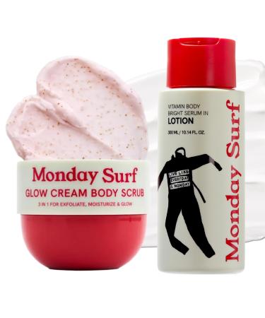 Monday Surf Body Care Set Vitamin Body Lotion & Glow Cream Scrub with Niacinamide Vitamin C Argan Oil Vegan Vanilla Woods Scent 24-Hour Moisture for Glowing Skin 2-Piece