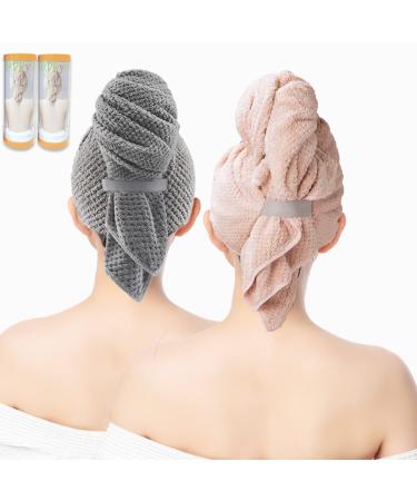 Large Hair Towel Wrap for Women 2 Pack Anti Frizz Hair Drying Towel with Elastic Strap 40 x 23 Super Absorbent Ultra-Soft Fast Drying Hair Repair Towel Wrap for Wet Curly Long & Thick Hair Pink gray