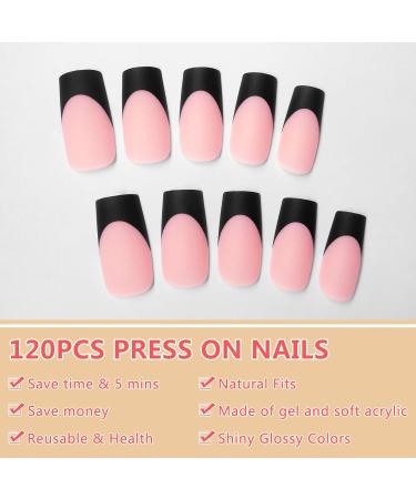 120pcs Black French Tip Press on Nails - Matte Nude Pink Medium Square Fake Nails for Women & Girls | Black Acrylic Artificial Nail Tips - Buy Online on GoSupps.com