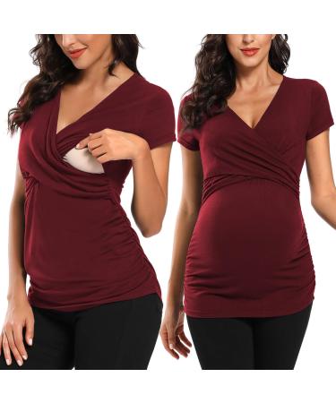 Love2Mi Maternity Nursing Shirt Short Sleeve V-Neck Breastfeeding T-Shirt Pregnancy XL Wine Red