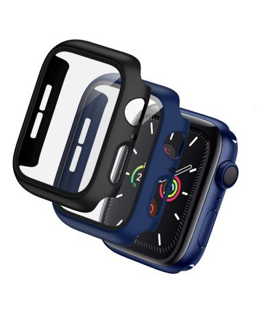 BHARVEST 2 Pack Hard PC Case Compatible with Apple Watch Series 3/2/1 42mm Case with Tempered Glass Screen Protector Overall Bubble-Free Cover for iWatch Accessories Black+Blue Black+Blue 42 mm