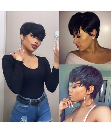 Yonova Pixie Cut Human Hair Wig for Women - Short Layered Pixie Haircut with Side Bangs - Natural Wavy Glueless Wig in Black Color 1B - Buy Online on GoSupps.com