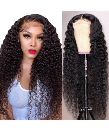 Deep Wave Lace Front Wigs Human Hair Wigs for Black Women 4x4 Lace Front Human Hair Wig Deep Curly Pre Plucked with Baby Hair 150% Density Brazilian Virgin Hair Natural Color (22 Inch)