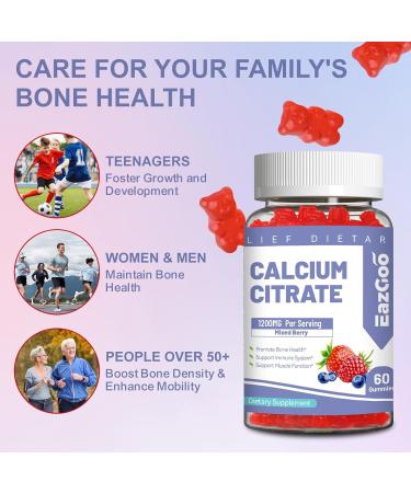 Calcium Citrate Gummies Chewable 1200mg Calcium Gummies for Women & Men Calcium Supplement for Muscle & Immune Support High Absorption Sugar Free Mixed Berry Flavor 60 Count - Buy Online on GoSupps.com
