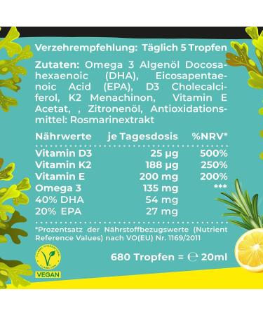 Omega-3 Algae Oil PLUS | 40% DHA 20% EPA Vitamin D3 + K2 + E | Vegan Supplement with Lemon & Rosemary Extract | 20ml (4 Month Supply) - Buy Online on GoSupps.com