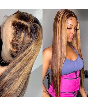 Bele Real Hair Wig Black Women Ombre 4/27 T-Part Straight Lace Front Wig 30 inch Honey Blonde Highlight - 150% Density - Buy Online on GoSupps.com