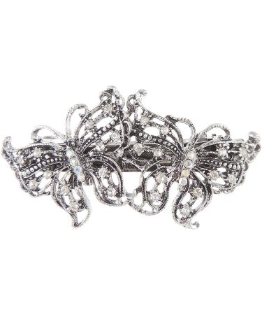 Womens Girls Crystal Rhinestone Diamante Wedding Birthday Party Evening Ponytail Fine Medium Hair Accessories Occasion Barrette Hairpin Grip French Spring Clip VIntage Silver Tone Butterfly
