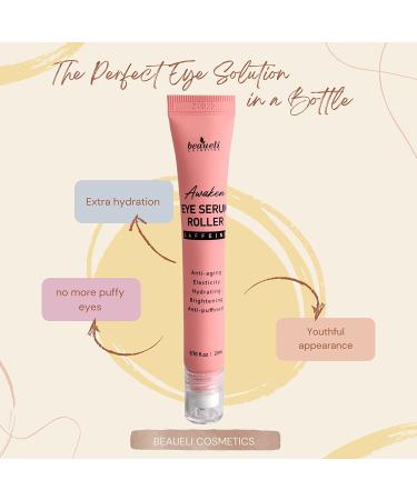 Beaueli Eye Roller & Caffeine Serum - Anti Aging Skin Care with Hyaluronic Acid, Niacinamide & Peptide - Dark Circles, Puffiness, Under Eye Bags & Wrinkles Cream - 0.7 fl oz - Buy Online on GoSupps.com