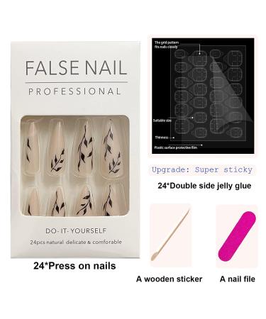 Spring Black Leaf Almond Fake Nails Set - 24Pcs with Nail Glue | Simple Leaves Design for Women and Girls - Buy Online on GoSupps.com