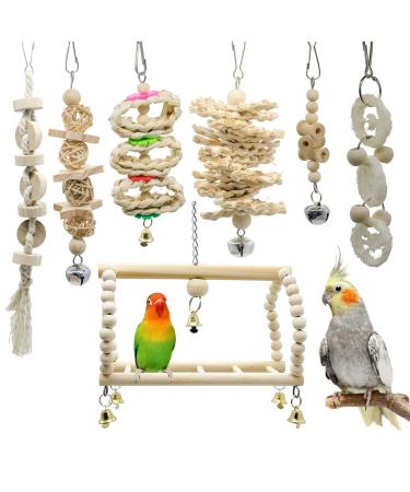Deloky 7 Packs Bird Parrot Swing Chewing Toys-Hanging Bell Bird Cage Toys Suitable for Small Parakeets, Cockatiels, Conures, Finches,Budgie,Macaws, Parrots, Love Birds