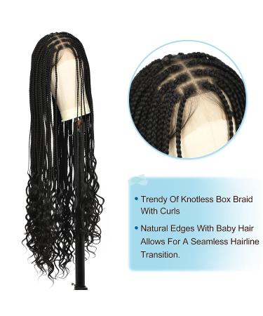 Olymei 38 Full Double Lace Front Knotless Box Braided Wig with Baby Hair - Super Long Black Braids with Curls - Synthetic Wig for Black Women - Buy Online on GoSupps.com