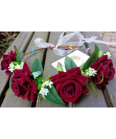 Funsveta Burgundy Rose Floral Crown Wreath Wedding Headband for Women and Girls - Buy Online on GoSupps.com