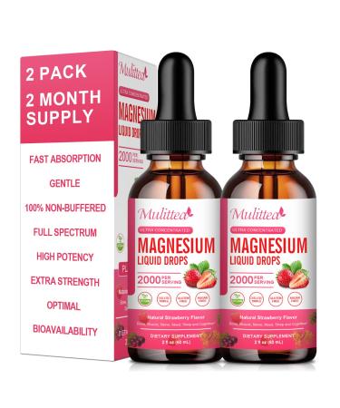 (2 Pack) Magnesium L-Threonate Supplement 1000mg with High Potency Magnesium 500 Glycinate & 500mg Citrate Sugar Free Strawberry Liquid Drops Promotes Nerv Relaxation Muscle Sleep Support. Strawberry 2 Fl Oz (Pack of ...