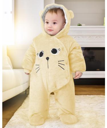 JiAmy Newborn Baby Winter Hooded Romper Fleece Snowsuit Jumpsuit - Cartoon Cat Outfit | 9-12 Months Yellow - Buy Online on GoSupps.com