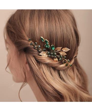PNPGDYK Women Gold Leaf Headpiece Emerald Green Crystal Hair Vine Comb Wedding Hair Accessory Rhinestone Hair Piece Gift for Her Party Headress for Bride Bridesmaid Girls - Buy Online on GoSupps.com
