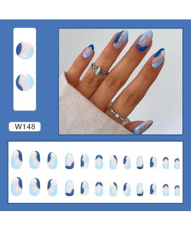 24 Pcs Blue Press on Nails - Short Oval Shape Almond Glossy False Nails with French Stripe Wave Design - Artificial Finger Manicure for Women and Girls - Buy Online on GoSupps.com