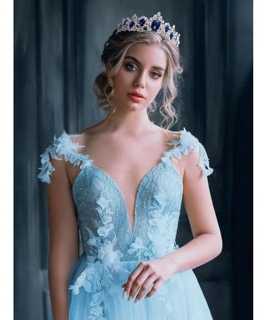 SWEETV Royal Blue CZ Crystal Tiara for Women - Princess Headpiece Bridal Hair Accessory - Sapphire+Silver - Buy Online on GoSupps.com