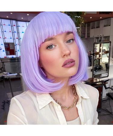 Bob Short Purple Wig with Bangs for Women - Lavender Silky Straight Costume Cosplay Party Daily Use 12 - Heat Resistant Synthetic Hair (Light Purple) - Buy Online on GoSupps.com