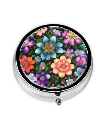 Flower Diamond Paintings Round Pill Box Cute Small Pill Box Mini Pill Box Round Metal Pill Box Travel Pill Box Flower Diamond Paintings One Size