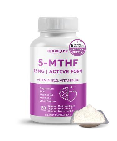 High Potency 5-MTHF (Active Form) with Vitamin B12 Vitamin B6 Magnesium & Black Pepper Supports Brain Wellness Heart Health & Nerve Health* 150 count (pack of 1)