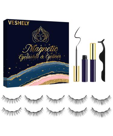 VESHELY Natural Magnetic Eyelashes with Eyeliner Kit,5 Pairs Short Magnetic Eyelashes Natural Look and 2 Tubes Strong Magnetic Eyeliner Waterproof,3D False Fake Magnetic Lashes Natural Looking Reusable-No Glue Needed 5 pai…