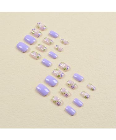 24pcs Purple Flower Press On Nails | Short Square False Nails with Glue | Fashionable Cute Design for Women and Girls - Buy Online on GoSupps.com