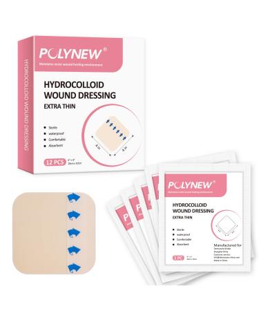 Polynew Thin Hydrocolloid Dressing 12 Pack Without Border 4 x 4 Hydrocolloid Patches Adhesive Hydrocolloid Bandages Wound Dressing