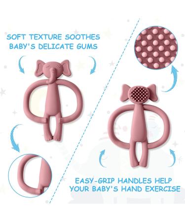 Vicloon Baby Bite Toys - 2 Pack Silicone Dental Aids BPA-Free Chew Rings for Gums Pink Elephant & Brick Red Perfect for 3 Months+ - Buy Online on GoSupps.com