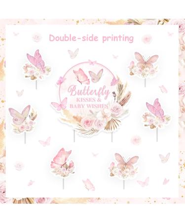 Butterfly Baby Shower Cake Topper 24 Pcs Cupcake Picks with 1 Pc Butterfly Kisses and Baby Wishes Cake Topper Girls Butterfly Themed Baby Shower Decorations - Buy Online on GoSupps.com