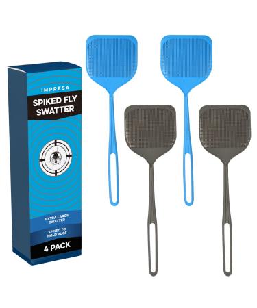 4 Pack Extra Large Spiky Fly Swatter for Indoors & Outdoors - Blue & Grey Plastic Fly Swatter - Spiked Fly Swatters Multi Pack for Easy Bug Disposal - Fly Swatters Bulk Pack - 5'' Smashing Surface