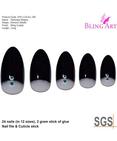 Bling Art Almond False Nails Fake Stiletto Black Crystal 24 Long Tips with Glue - Buy Online on GoSupps.com
