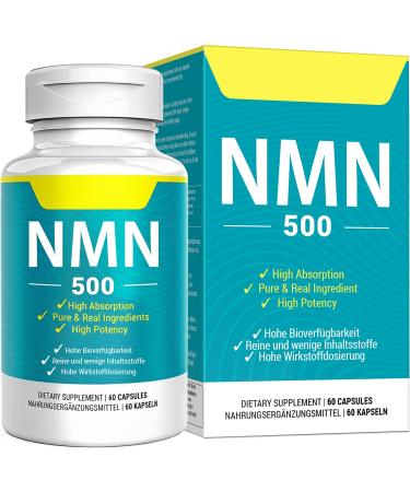 Vegan NMN Supplement 500mg Higher Absorption - 99% Pure NMN (Nicotinamide Mononucleotide)for NAD+ Cellular Energy Immune Muscle Anti-Aging & Longevity Stabilized NMN - 60 Capsule (60 Days Supply) 60 Count (Pack of 1)