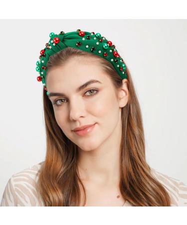 Christmas Headband Pearl Knotted Hair Band with Rhinestone Wide Top Knot Fashion Headband for Women Girls Christmas Hair Accessories (Green) - Buy Online on GoSupps.com