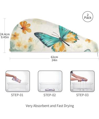 Summer Teal Gold Butterflies Hair Towel Set - 2 Pack Super Absorbent Quick Dry Hair Turbans for Women & Girls - Buy Online on GoSupps.com