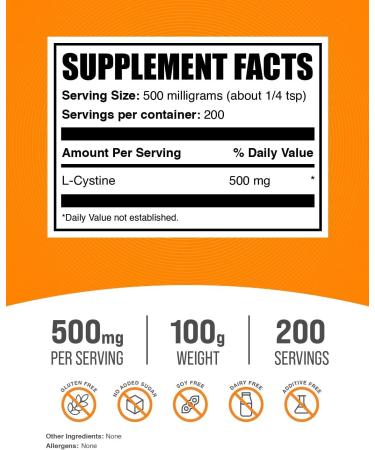 BulkSupplements L-Cystine Powder 500mg - Premium Amino Acid Supplement for Immune Support Gluten-Free 100 Servings (100g - Buy Online on GoSupps.com