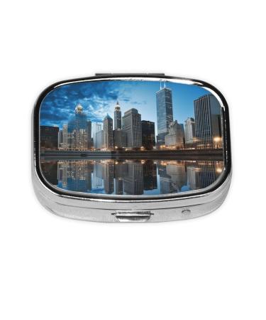Chicago Reflected Printing 2 Compartment Small Pill Case Cute Small Pill Box Purse Pill Boxs Travel Pill Organizer for Pocket Purse and Travel Gifts